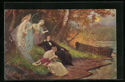AK R. Schumann und Frauen mit Instrumenten am Ufer