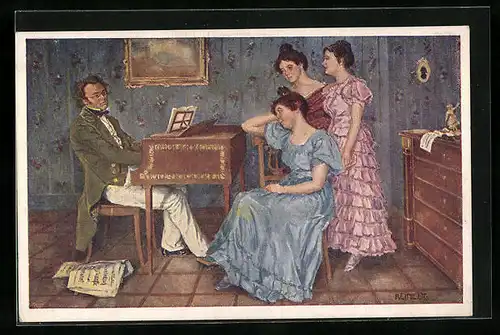 AK Franz Schubert am Klavier mit drei Frauen