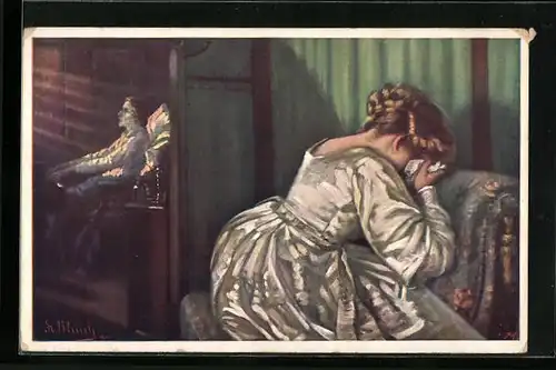 AK Weinende Frau, Im Hintergrund Frédéric Chopin