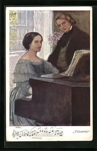 AK Träumerei, Robert Schumann mit Dame am Flügel