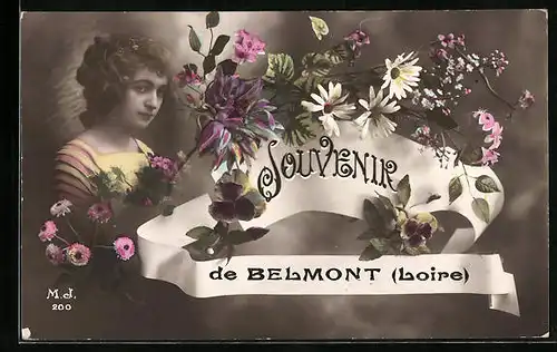 AK Belmont, Frauenportrait, Blumen und Schleifenband