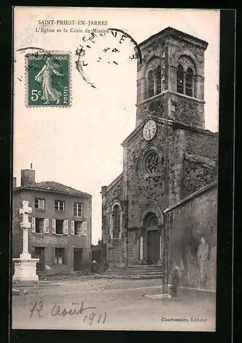 AK Saint-Priest-en-Jarrez, l'Église et la Croix de Mission