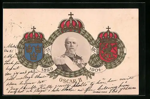 AK Oscar II. von Schweden in Uniform, 75 ar 1829-1904, Wappen