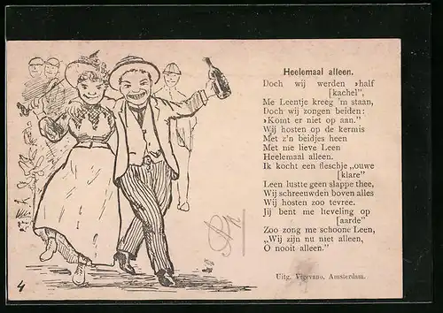 AK Heelemaal alleen, Doch wij werden half..., Frau und Mann mit Bierflasche, Volksfest