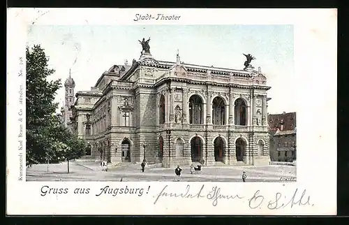 Goldfenster-AK Augsburg, Stadt-Theater mit leuchtenden Fenstern