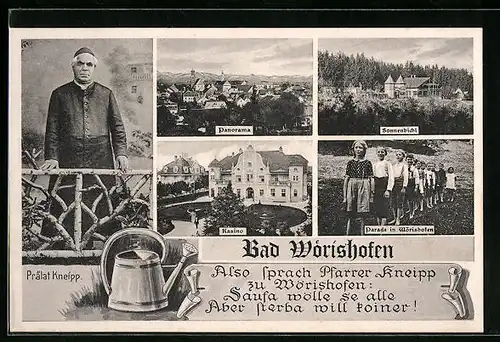 AK Bad Wörishofen, Prälat Kneipp-Portrait, Kasino, Hotel Sonnenbichl, Panorama