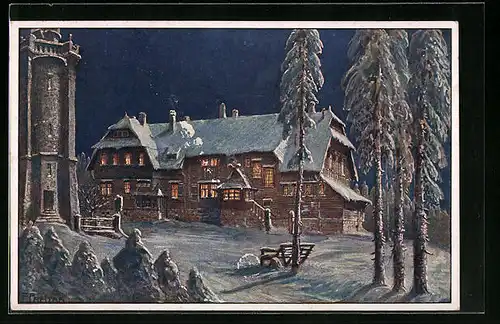 Künstler-AK Wildenthal, Gasthaus Auersberg im Schnee