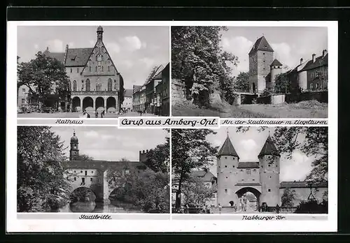 AK Amberg-Opf., Rathaus, An der Stadtmauer mit Ziegelturm, Nabburger Tor