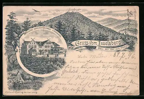 Lithographie Inselsberg, Gothaisches Domainengasthaus F. Naumann, Teilansicht