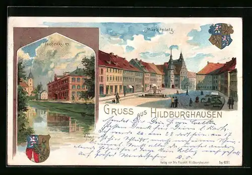 Lithographie Hildburghausen, Technikum, Marktplatz mit Brunnen, Wappen