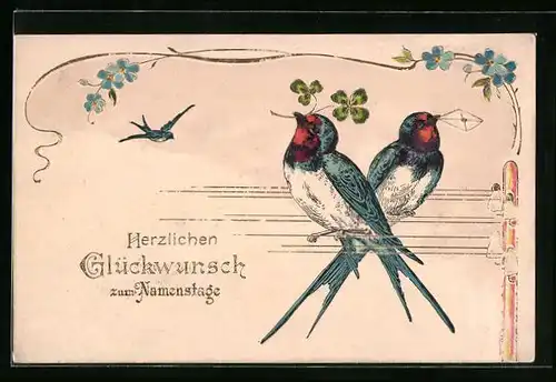 Präge-AK Drei Schwalben mit Kuvert an einem Telegraphenmast, Glückwunsch zum Namenstag