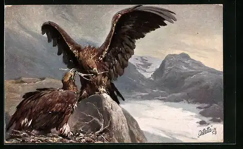 AK Zwei Adler mit Zweig in einer Berglandschaft
