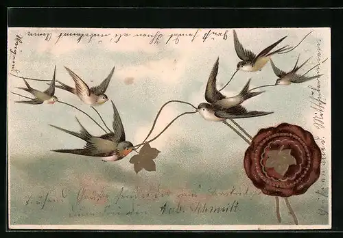 Präge-AK Vögel in der Luft tragen ein Siegel