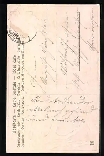 Präge-AK Vogel sitzt auf eienem Zweig vor Haus, Pfingstgruss