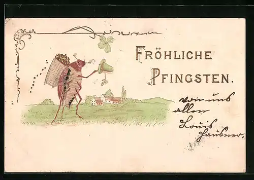 Präge-AK Fröhlicher Maikäfer bei der Wanderung grüsst mit seinem Hut