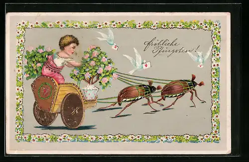Präge-AK Mädchen im Biga gezogen von zwei Maikäfern, Fröhliche Pfingsten