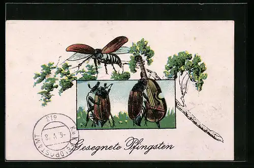 AK Tanzende und musizierende Maikäfer, Fröhliche Pfingsten
