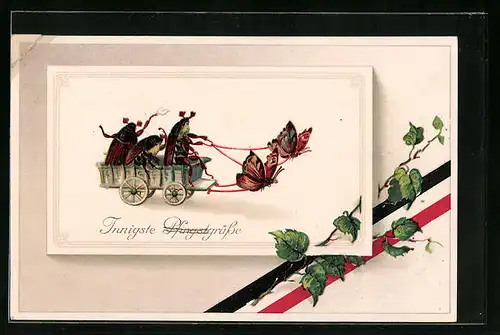 AK Maikäfer lenken einen von Schmetterlingen gezogenen Holzwagen, Innigste Pfingstgrüsse, Banner und Blattgrün