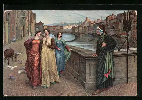 AK Dichter Dante und Beatrice, englischer Maler Henry Holiday