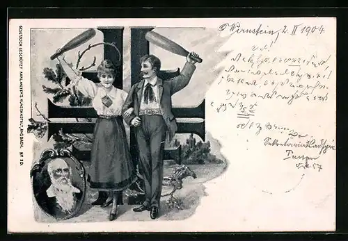 AK Portrait vom Turnvater Jahn, Sportlerpaar hält Keulen in die Höhe