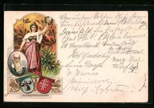 Lithographie Portrait Turnvater Jahn, Frau hält Siegerkranz in die Höhe, Wappen