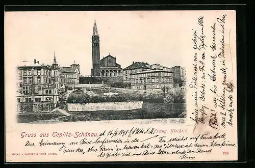 AK Teplitz Schönau / Teplice, Teilansicht mit Evang. Kirche