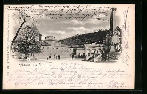 AK Teplitz Schönau / Teplice, Stephansbad und Denkmal