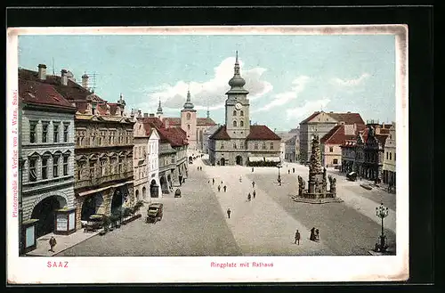 AK Saaz, Ringplatz mit Rathaus