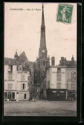 AK Pithiviers, Rue de l`Eglise, Strassenpartie