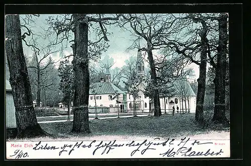 AK Maria Eich, Ortspartie mit Kirche und Bäumen