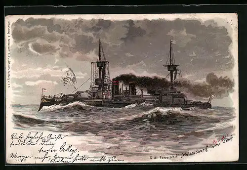 Künstler-AK China, Kriegsschiff S. M. Weissenburg unter Dampf, Ostasiengeschwader