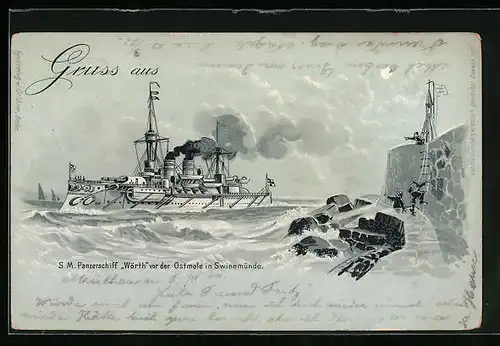 Mondschein-Lithographie Swinemünde, Kriegsschiff S. M. Wörth vor der Ostmole, Ostasiengeschwader