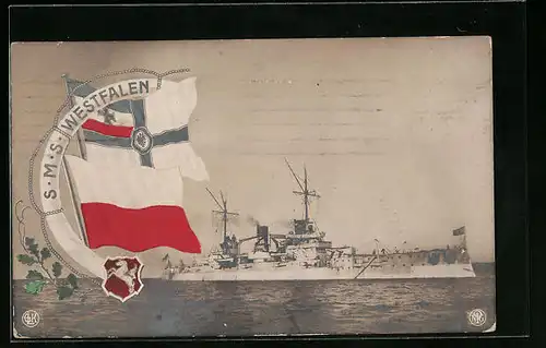 AK Kriegsschiff S. M. S. Westfalen auf See, Rettungsring mit Fahnen und Wappen