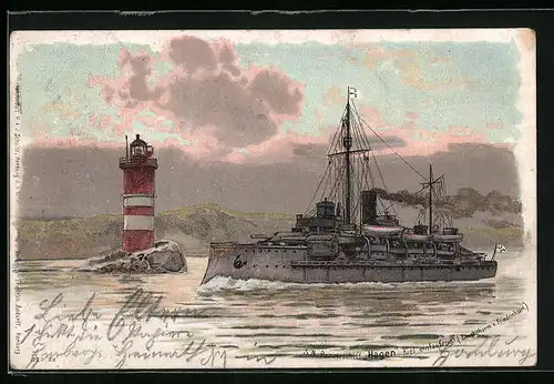 Lithographie Kiel, Kriegsschiff S. M. Hagen läuft ein