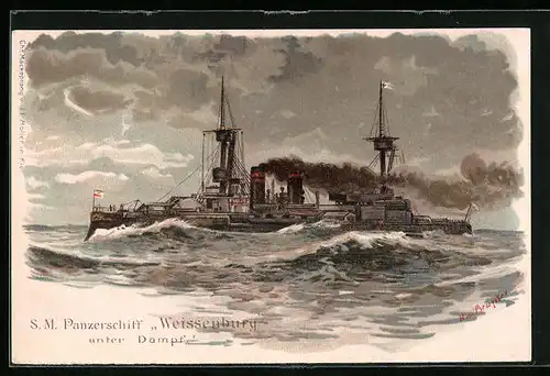 Lithographie China, Kriegsschiff S. M. Weissenburg unter Dampf, Ostasiengeschwader