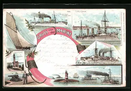Lithographie Holtenau, Kriegsschiff S. M. S. Gefion u. S. M. S. Wörth des Ostasiengeschwaders in Fahrt, Leuchtturm