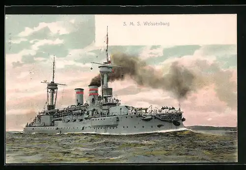 AK China, Kriegsschiff S. M. S. Weissenburg vor der Küste, Ostasiengeschwader