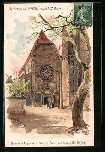 Lithographie St Alban-les-Eaux, Portique de l`Eglise de la Benifsons-Dieu