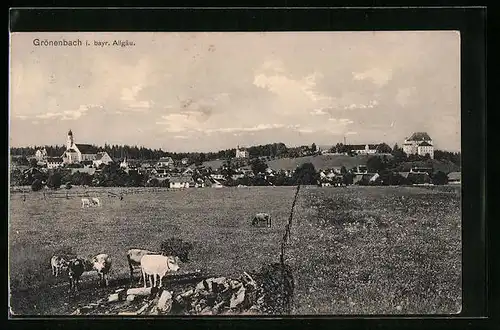 AK Grönenbach i. bayer. Allgäu, Kühe auf der Weide mit Ortstotale, Blick zur Kirche