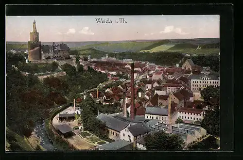 AK Weida i. Th., Blick auf die gesamte Stadt, Blick zur Burg