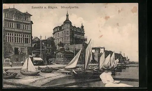 AK Sassnitz auf Rügen, Hotel Am Meer, Schiffe an der Strandpromenade