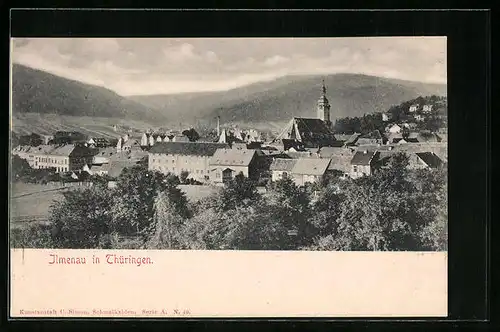 AK Bad Ilmenau i. Thür., Stadttotale, Blick zur Kirche