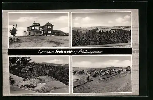 AK Schnett, Landschaftspanorama mit Waldstück, Ortstotale, das Freibad