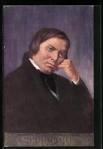 Künstler-AK Robert Schumann, der Komponist stützt den Kopf nachdenklich auf die Hand