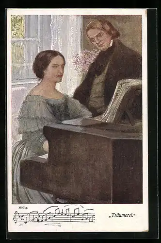 Künstler-AK Robert Schumann, der Komponist mit seiner Frau am Klavier, Träumerei