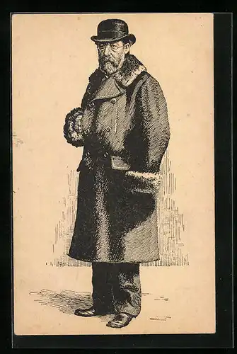 Künstler-AK Bedrich Smetana, der tschechische Komponist im Wintermantel mit Hut portraitiert