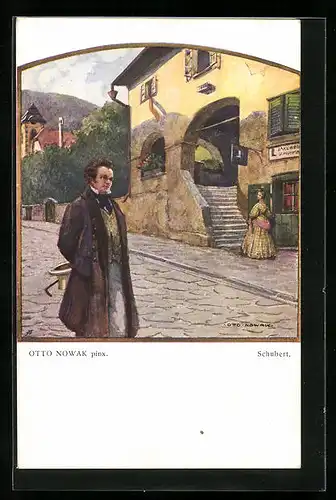 Künstler-AK Franz Schubert, der junge Komponist spaziert durch den Ort
