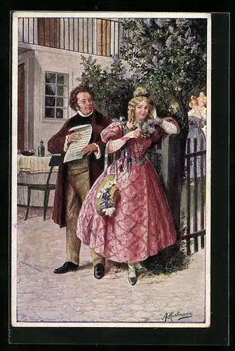 Künstler-AK Franz Schubert, gemeinsam mit Hannele am Gartenzaun