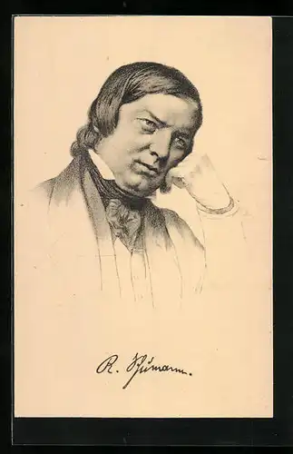 Künstler-AK Robert Schumann, der Komponist stützt seinen Kopf auf die Hand