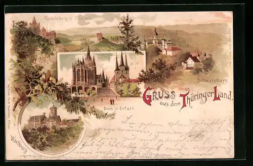 Lithographie Schwarzburg i. Thüringen, Panorama, Wartburg und Dom in Erfurt